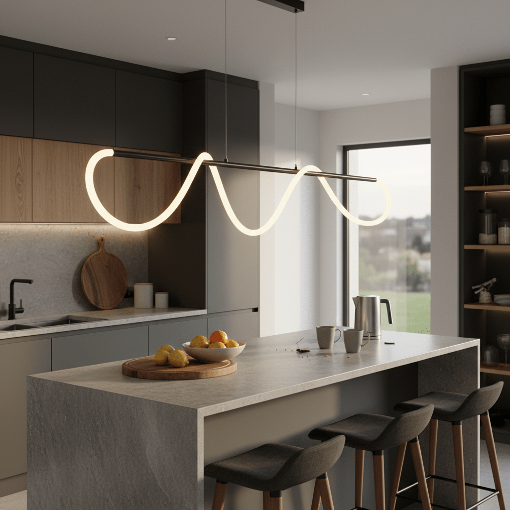 Modern pendant light with flexible linear design illuminating a kitchen island with fruit and coffee.