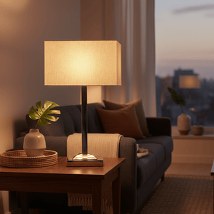 Polished chrome table lamp with champagne fabric shade on a wooden side table, illuminating a cozy living room.