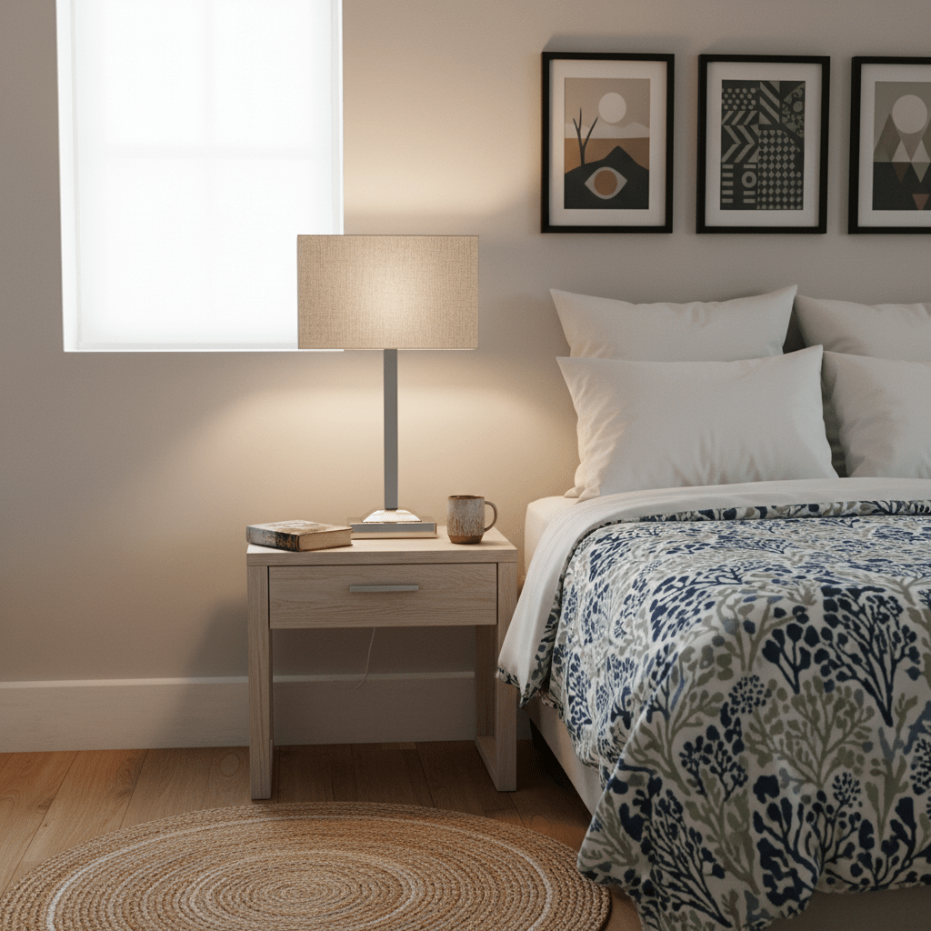 Polished chrome table lamp with champagne fabric shade on a bedside table, warm light illuminating the space.