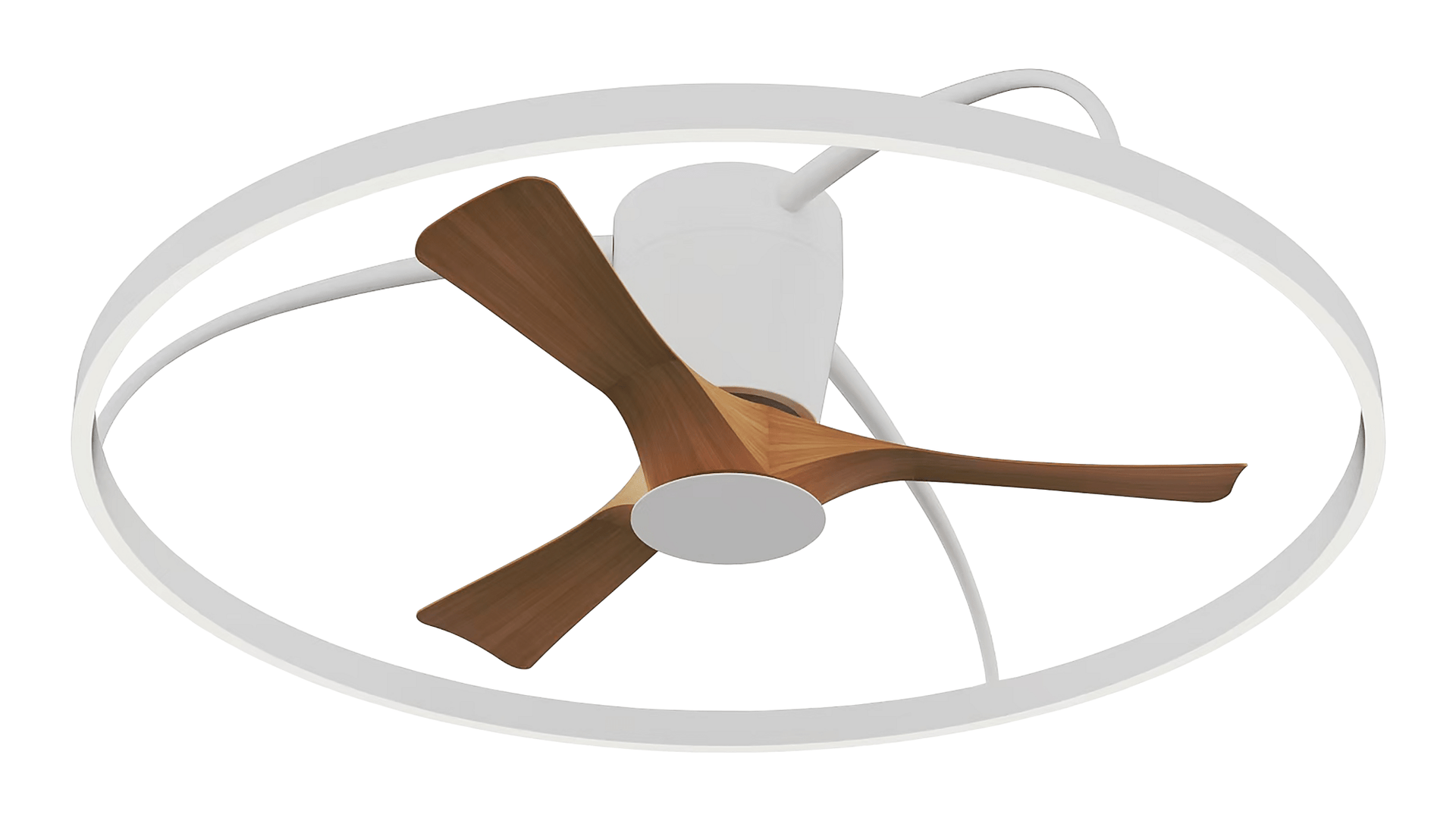 Modern white ceiling fan with light wood blades and integrated LED light, showcasing a sleek design.