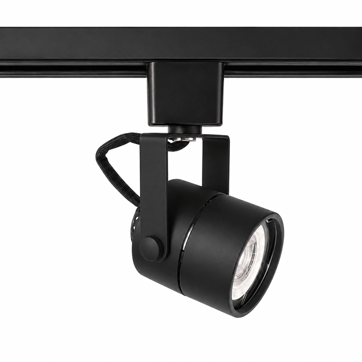 Modern black round track spotlight with adjustable head mounted on a 3-wire track.