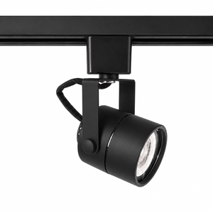 Modern black round track spotlight with adjustable head mounted on a 3-wire track.