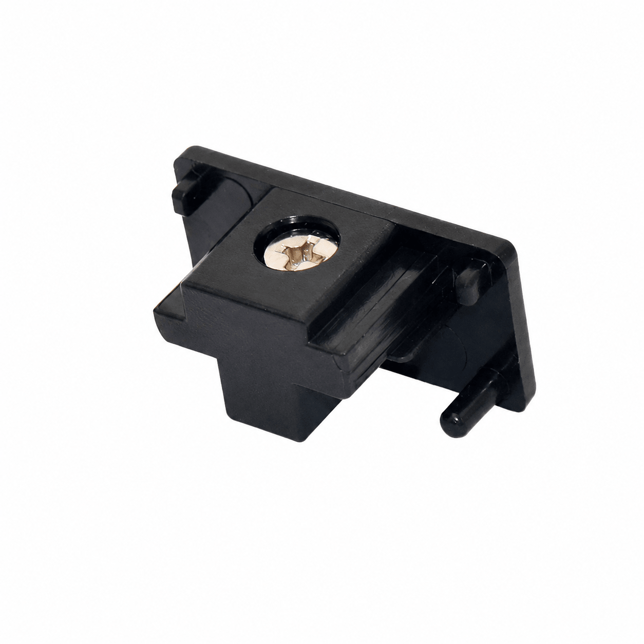 Black 3-wire track connector for indoor lighting, featuring a screw for secure attachment.