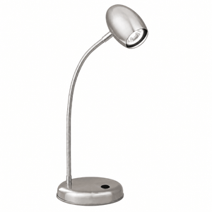 Satin chrome gooseneck desk lamp with a flexible head and round base, ideal for focused lighting.
