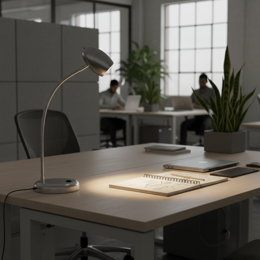 Gooseneck desk lamp illuminating a notebook on a modern office desk, with plants and coworkers in the background.