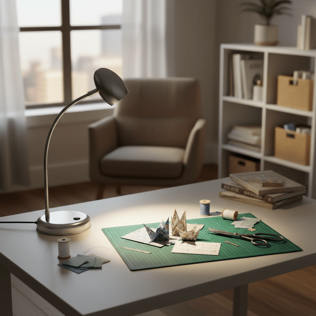 A gooseneck desk lamp illuminating a crafting area with paper models, scissors, and threads on a green cutting mat.