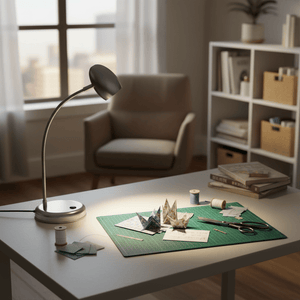 A gooseneck desk lamp illuminating a crafting area with paper models, scissors, and threads on a green cutting mat.
