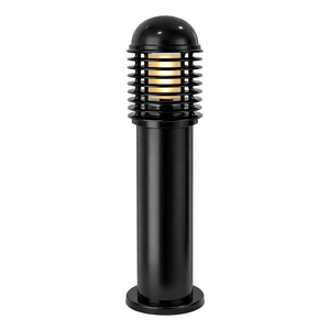 Modern black louvre bollard with a cylindrical base and ribbed top, designed for soft ambient lighting.