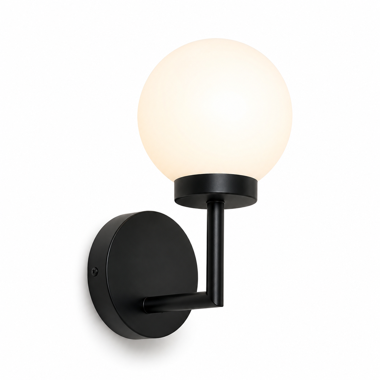 Black wall-mounted lamp with a white spherical light bulb on a white background