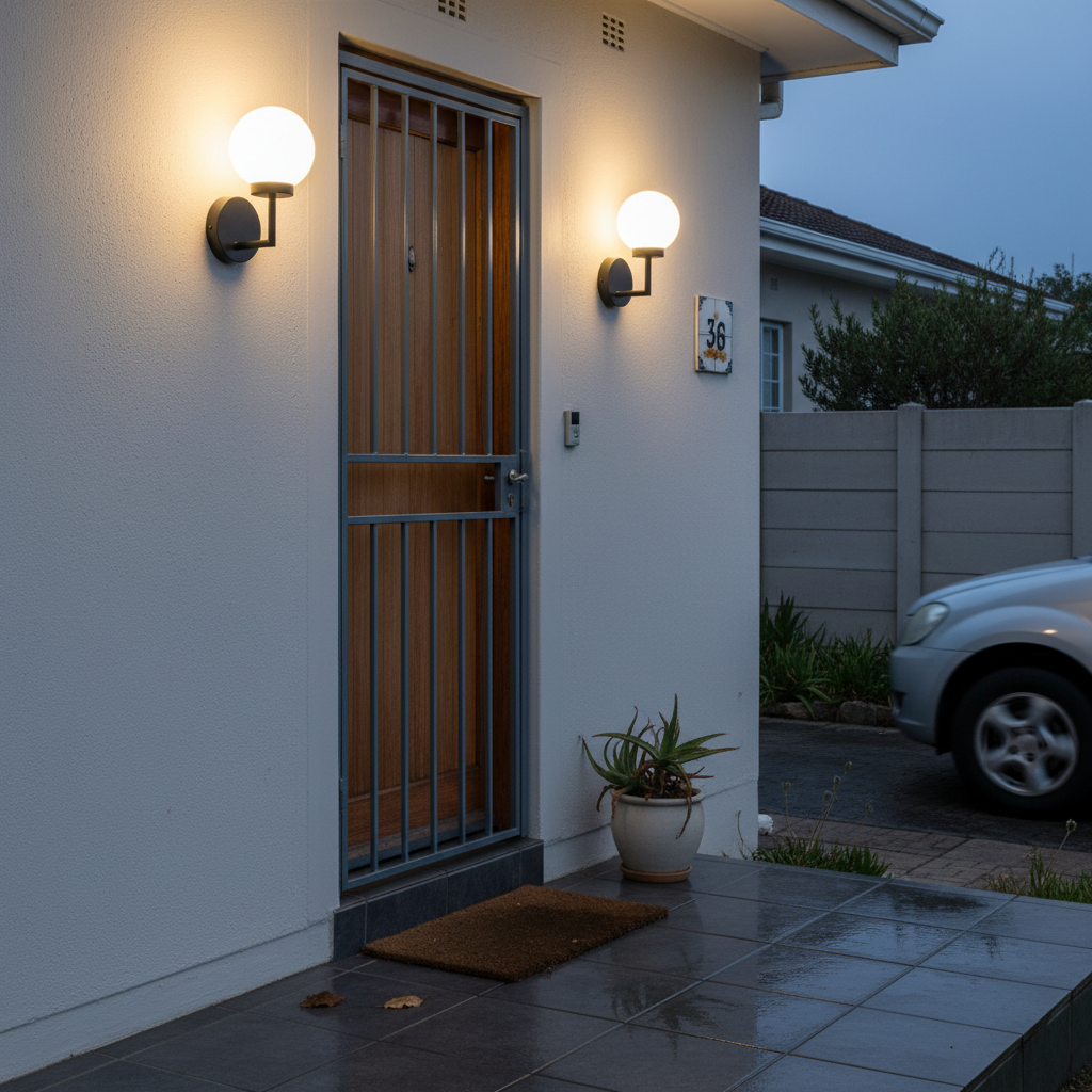 Pair of black LED wall lights with opal globe shades flanking a front entrance door