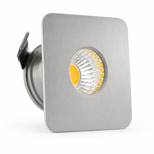 Square satin chrome LED downlight with a clear lens, designed for recessed ceiling installation.