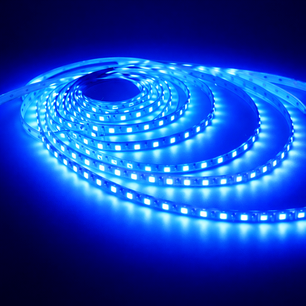 Roll of blue LED strip light on a dark background