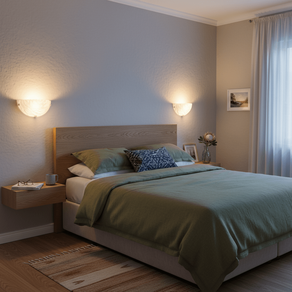 Types of indoor wall lights for Cape Town interiors, decorative wall sconce in a realistic Sea Point apartment hallway, warm 3000K LED mood lighting, realistic beam direction and shadow falloff, balanced 800x800 composition with muted blue and brass accents