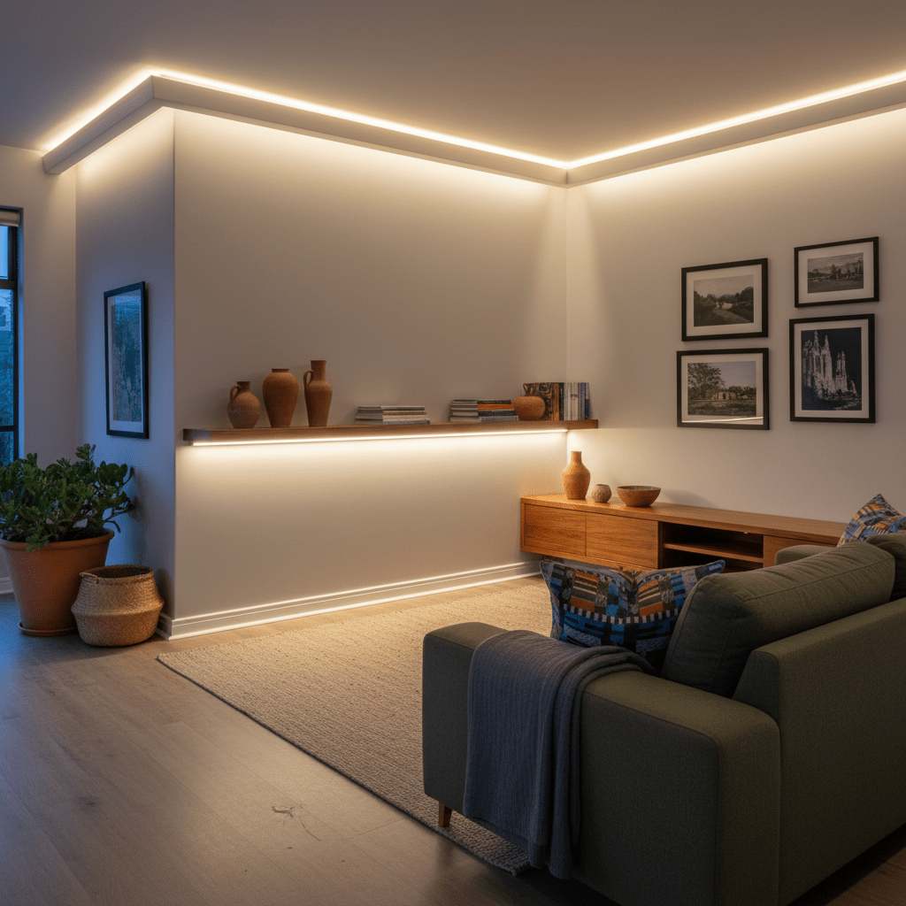 Modern living room with LED strip lights, sofa, and decorative elements.