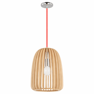 Wooden pendant light with a red cord on a white background
