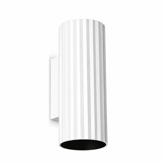 White cylindrical wall light fixture on a white background