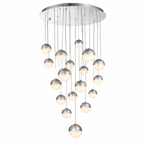 Modern chandelier featuring multiple stainless steel and acrylic pendant lights in a cascading design.