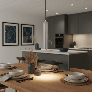 Sleek chrome pendant light hanging above a dining table set with plates and cutlery, creating a modern ambiance.
