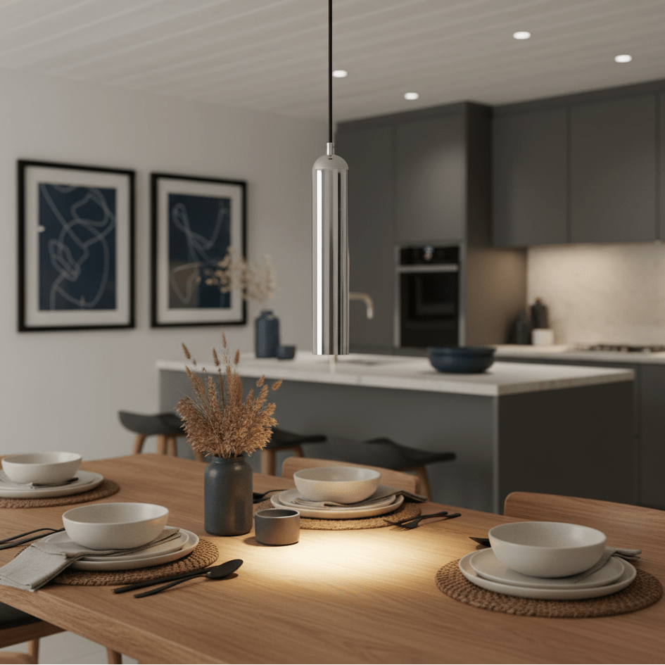 Sleek chrome pendant light hanging above a dining table set with plates and cutlery, creating a modern ambiance.