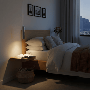 Flute GU10 pendant light hanging beside a bed, illuminating a nightstand with a book and cup.