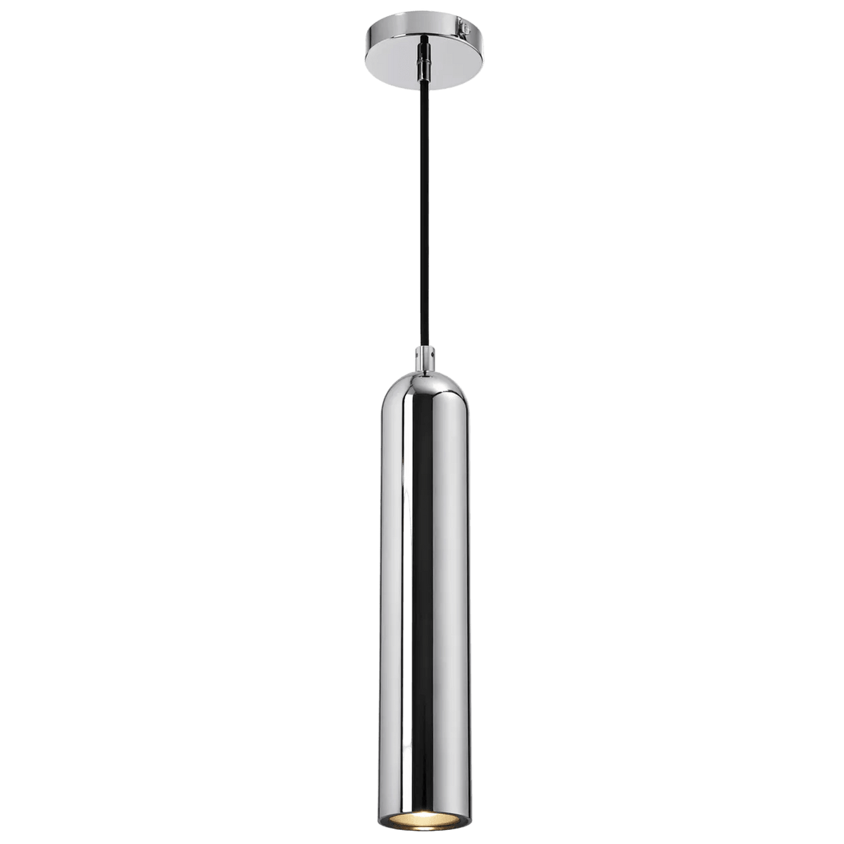 Chrome pendant light with a cylindrical shape, suspended from a round ceiling mount by a black cord.