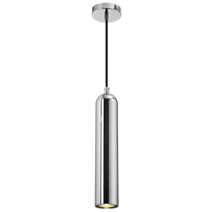 Chrome pendant light with a cylindrical shape, suspended from a round ceiling mount by a black cord.
