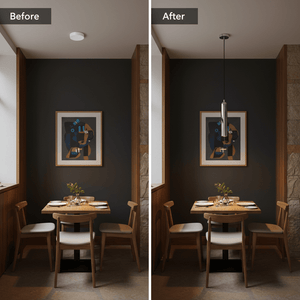 Before and after comparison of a dining area with a Flute GU10 pendant light installed, showcasing modern illumination.