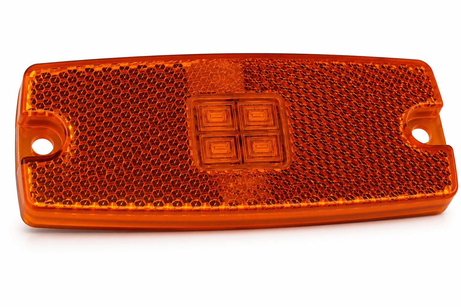 Amber indicator light with a honeycomb pattern, designed for low-voltage DC applications.