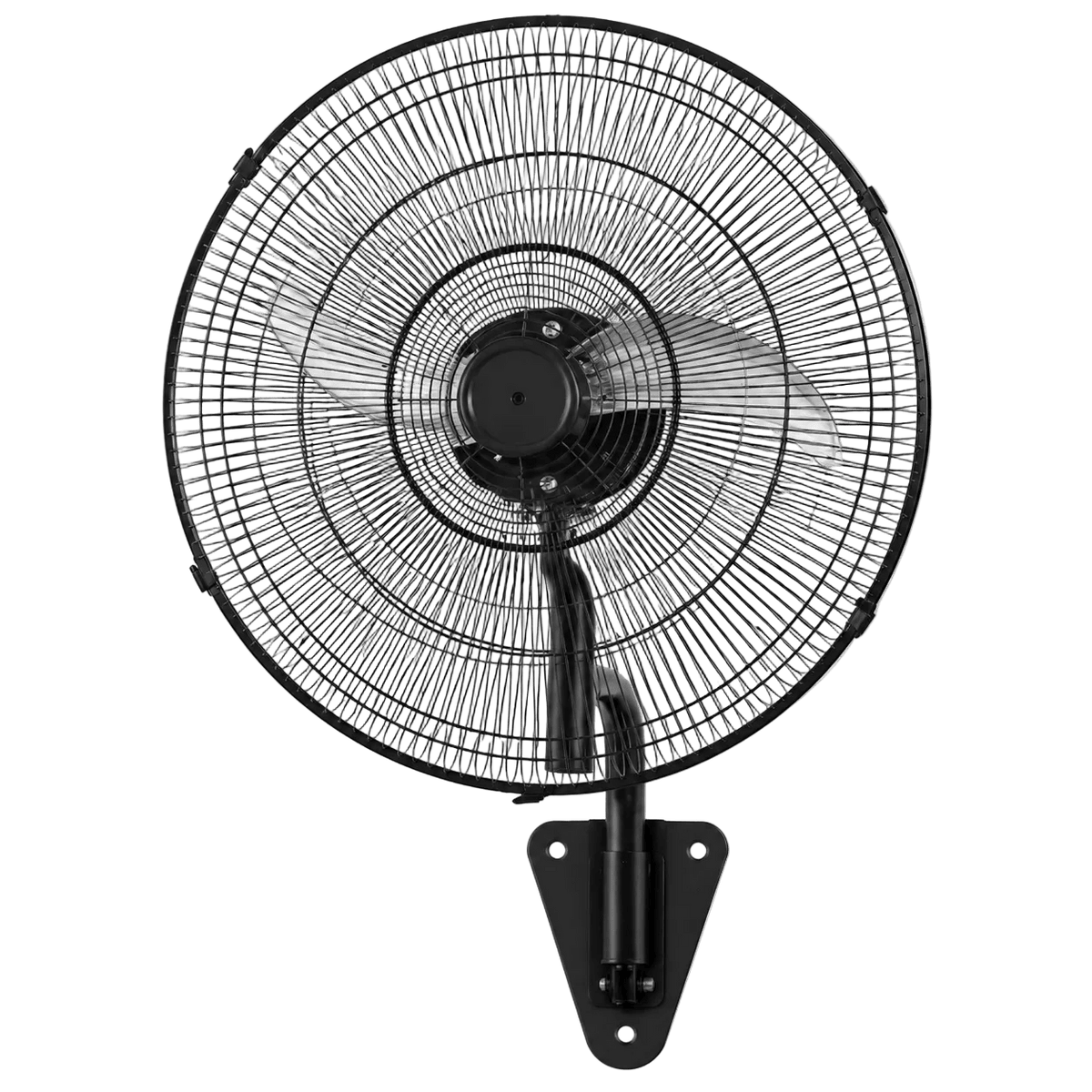 Black 26‑inch industrial wall fan with protective grille and three blades, mounted on a wall bracket.