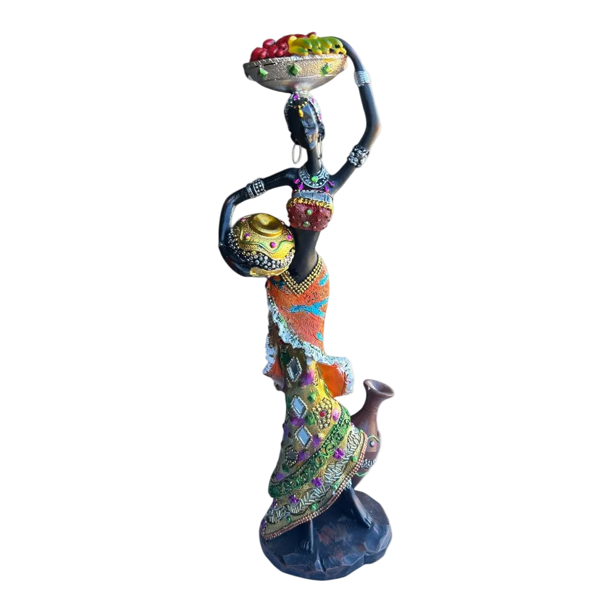 Colorful African female figurine holding a fruit-filled bowl on her head