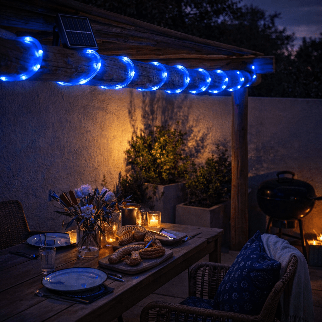 Blue rope lights along an outdoor dining area at night