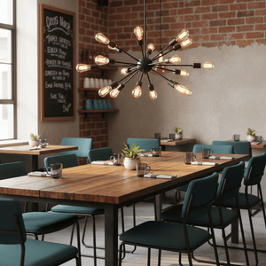 Supernova 18 Black Pendant Light hanging over a wooden dining table in a modern restaurant setting.