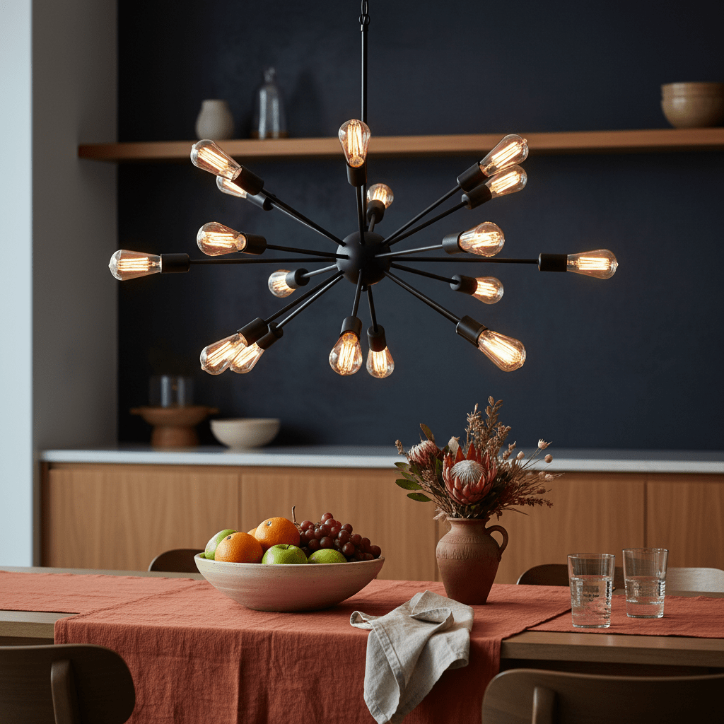 Stylish Supernova 18 Black Pendant Light above a dining table with fruit bowl and floral arrangement.