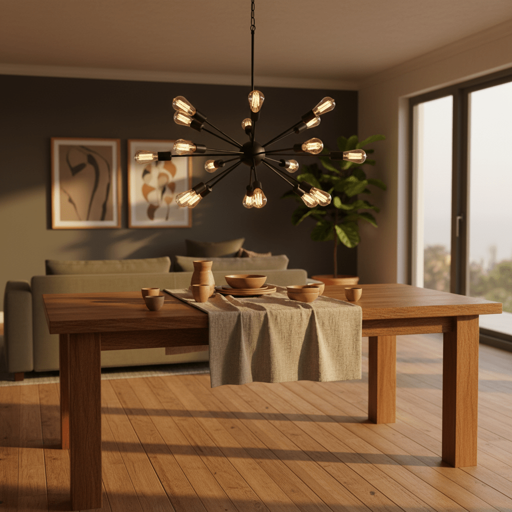 Stylish dining setup featuring the Supernova 18 Black Pendant Light above a wooden table with tableware.