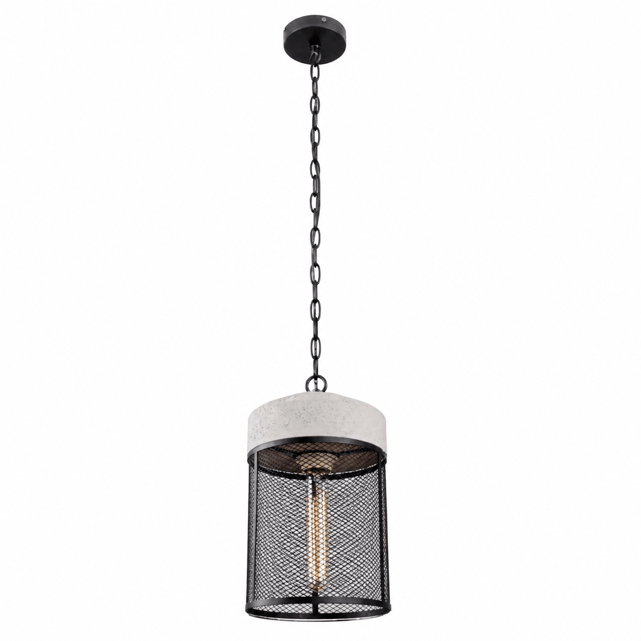 Pendant light with black mesh shade and white top on a white background