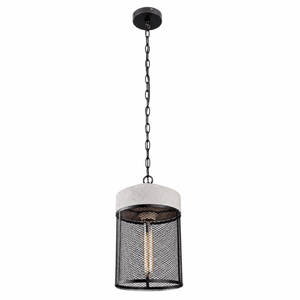Pendant light with black mesh shade and white top on a white background