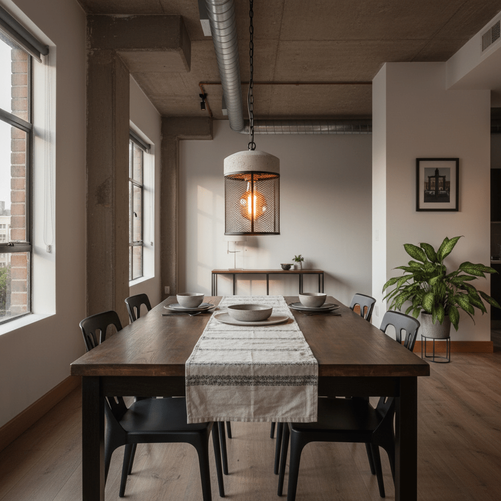 Cement and metal cage pendant light hanging over a wooden dining table set with plates and cutlery.