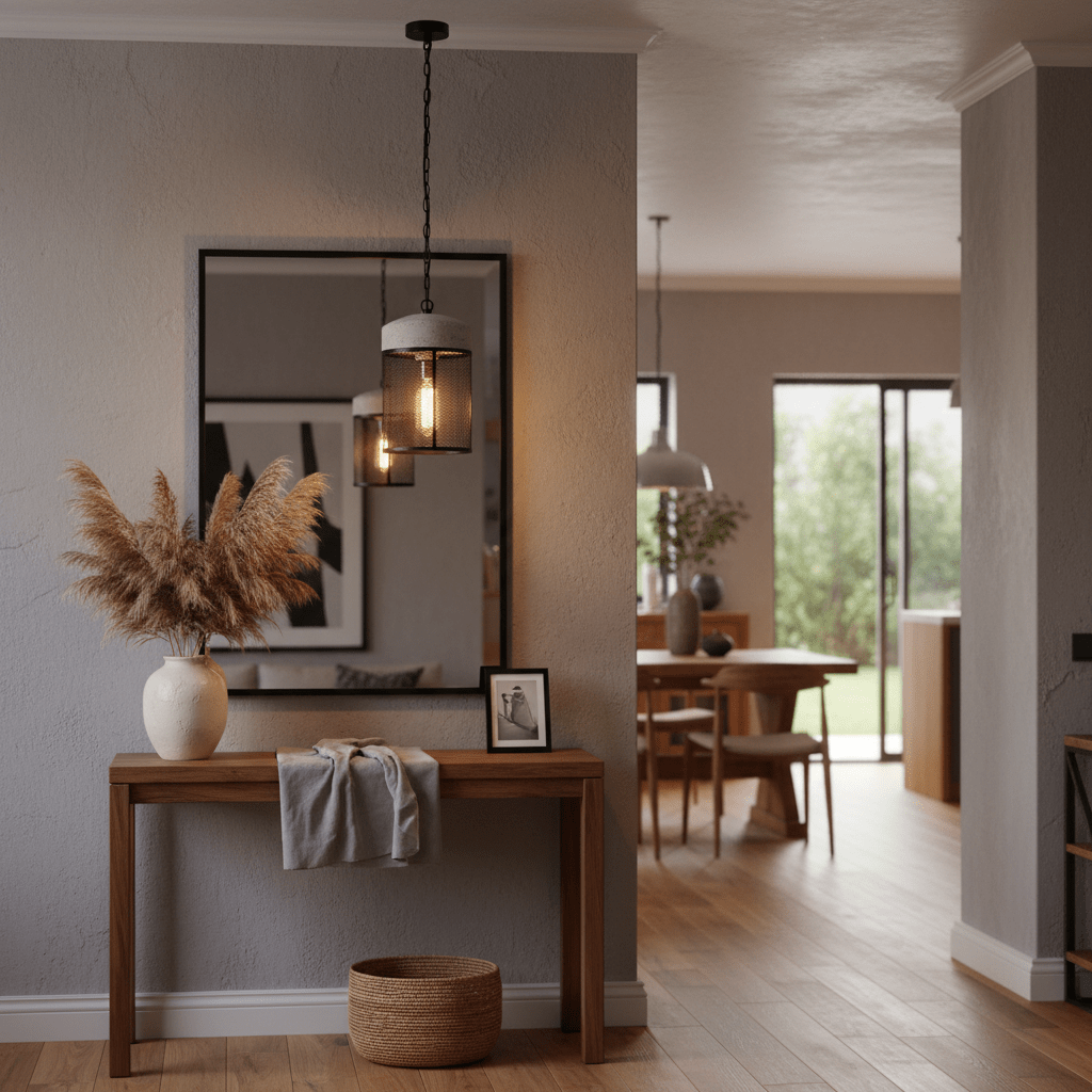 Cement and metal cage pendant light hanging above a wooden console table with decor.