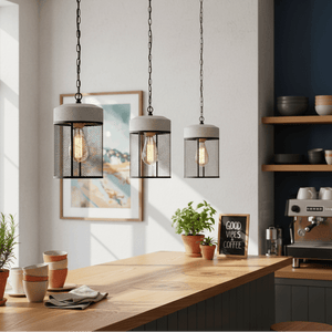 Three cement and metal cage pendant lights hang over a wooden kitchen island, with plants and coffee items nearby.