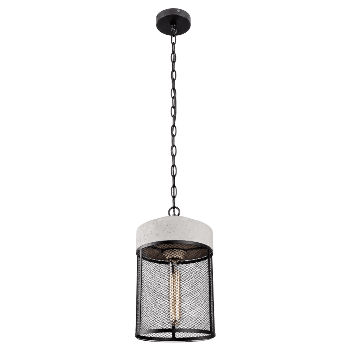 A pendant light featuring a concrete top and a black metal cage design, suspended by a chain.