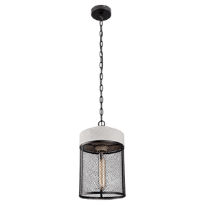 A pendant light featuring a concrete top and a black metal cage design, suspended by a chain.