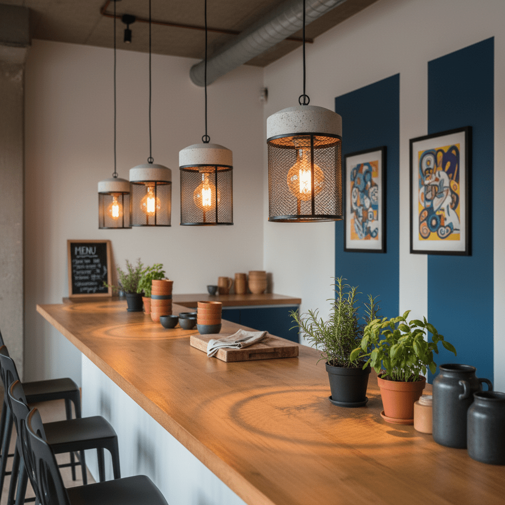 Cement and metal cage pendant lights hanging over a wooden bar with plants and kitchenware.