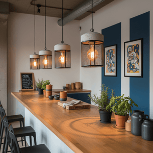 Cement and metal cage pendant lights hanging over a wooden bar with plants and kitchenware.
