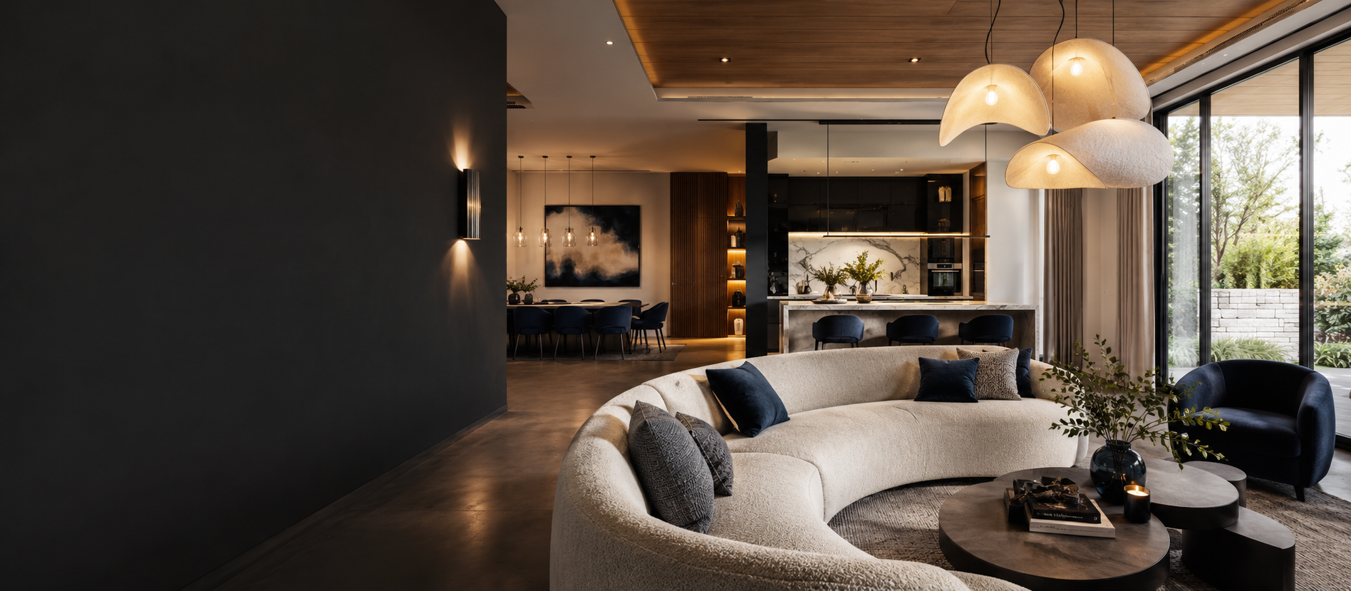 Modern living room with a curved white sofa, stylish decor, and large windows.