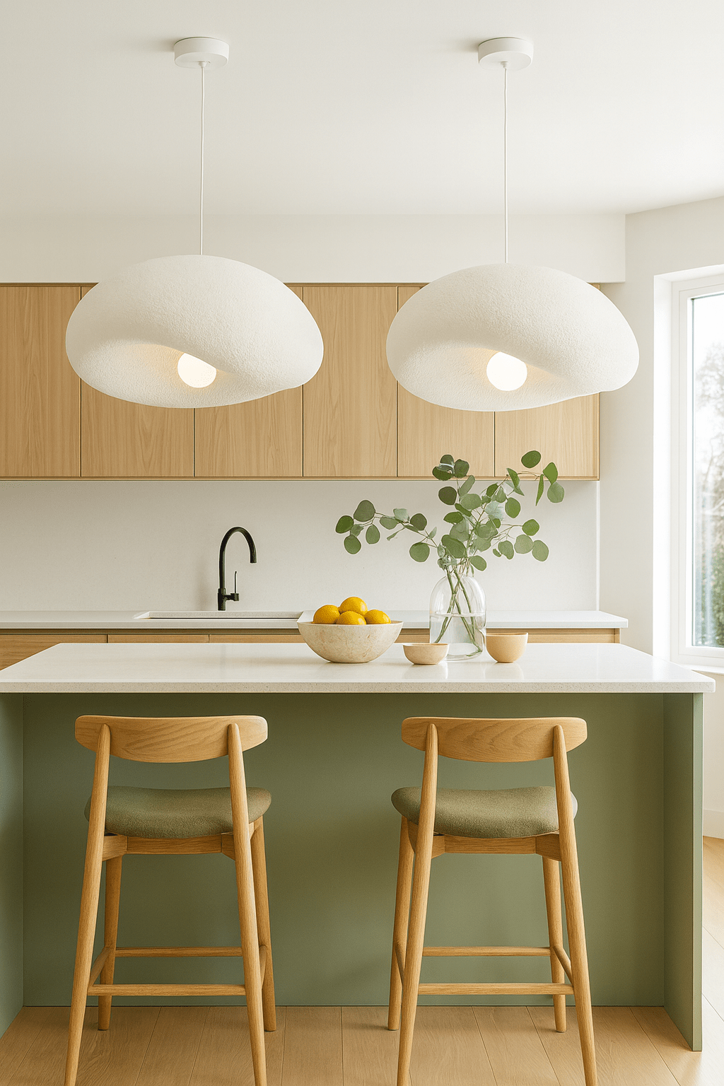 Two Ivory Drift 700 Pendant Lights hang above a kitchen island with wooden stools, a fruit bowl, and greenery.