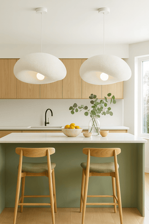 Two Ivory Drift 700 Pendant Lights hang above a kitchen island with wooden stools, a fruit bowl, and greenery.