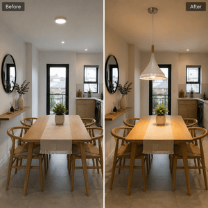 Scandinavian LED pendant light installed above a wooden dining table, enhancing the space's warmth and style.