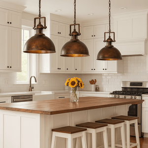 Modern kitchen with wooden island and pendant lights