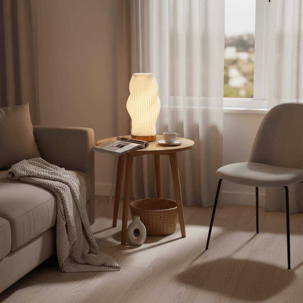 Dahlia 3D Printed Table Lamp on a wooden side table beside a cozy sofa, with a cup and magazine.