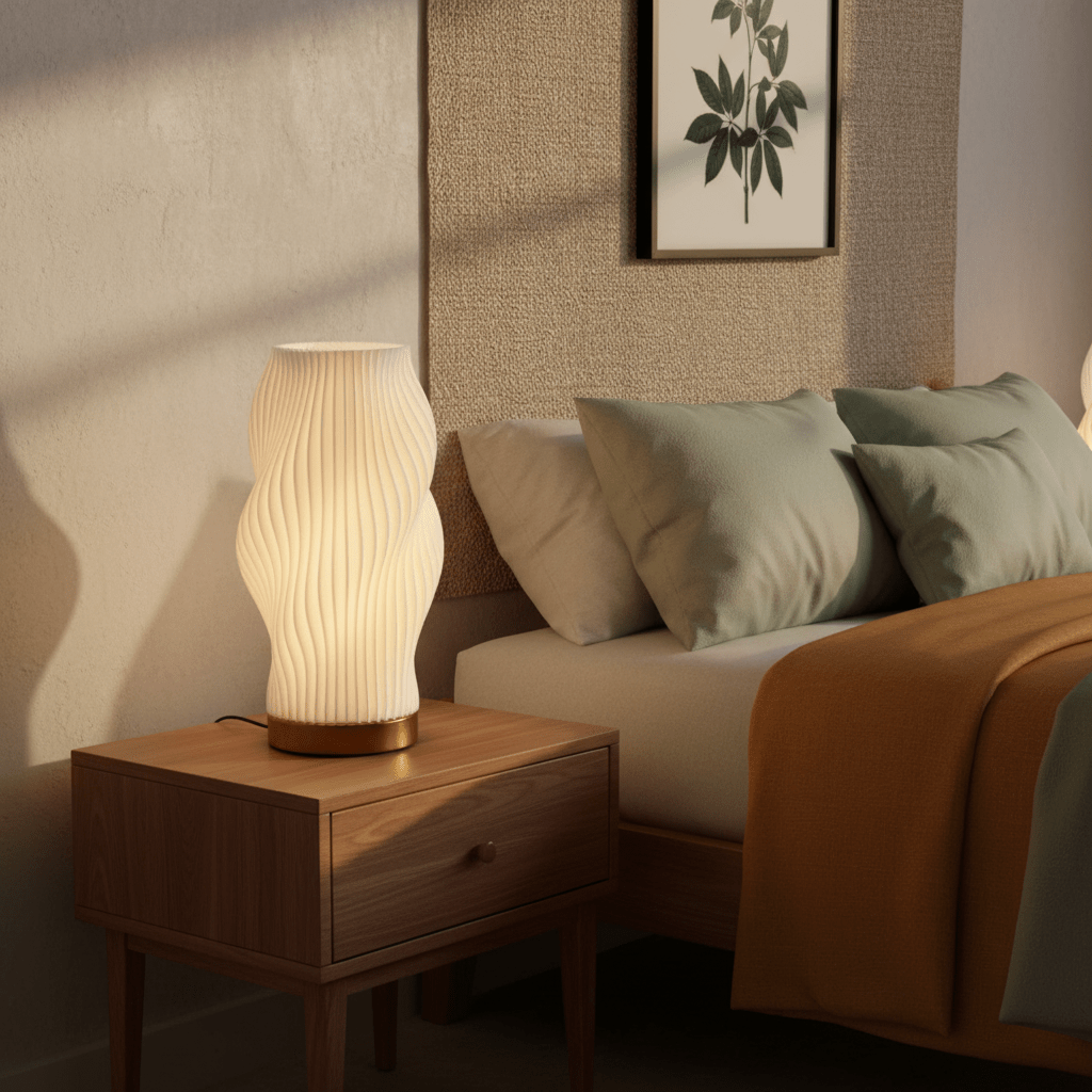 Stylish 3D printed table lamp on a bedside table, casting a warm glow in a cozy bedroom setting.